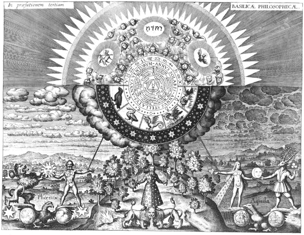 «Смарагдова скрижаль. Макрокосм і мікрокосм». Гравюра М. Меріан з книги «Basilica Philosophica» (1618)